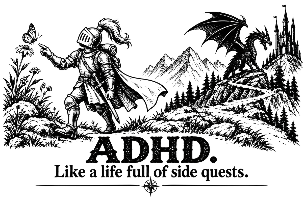 Engraving artwork: Adhd A Lifetime Of Side Quests