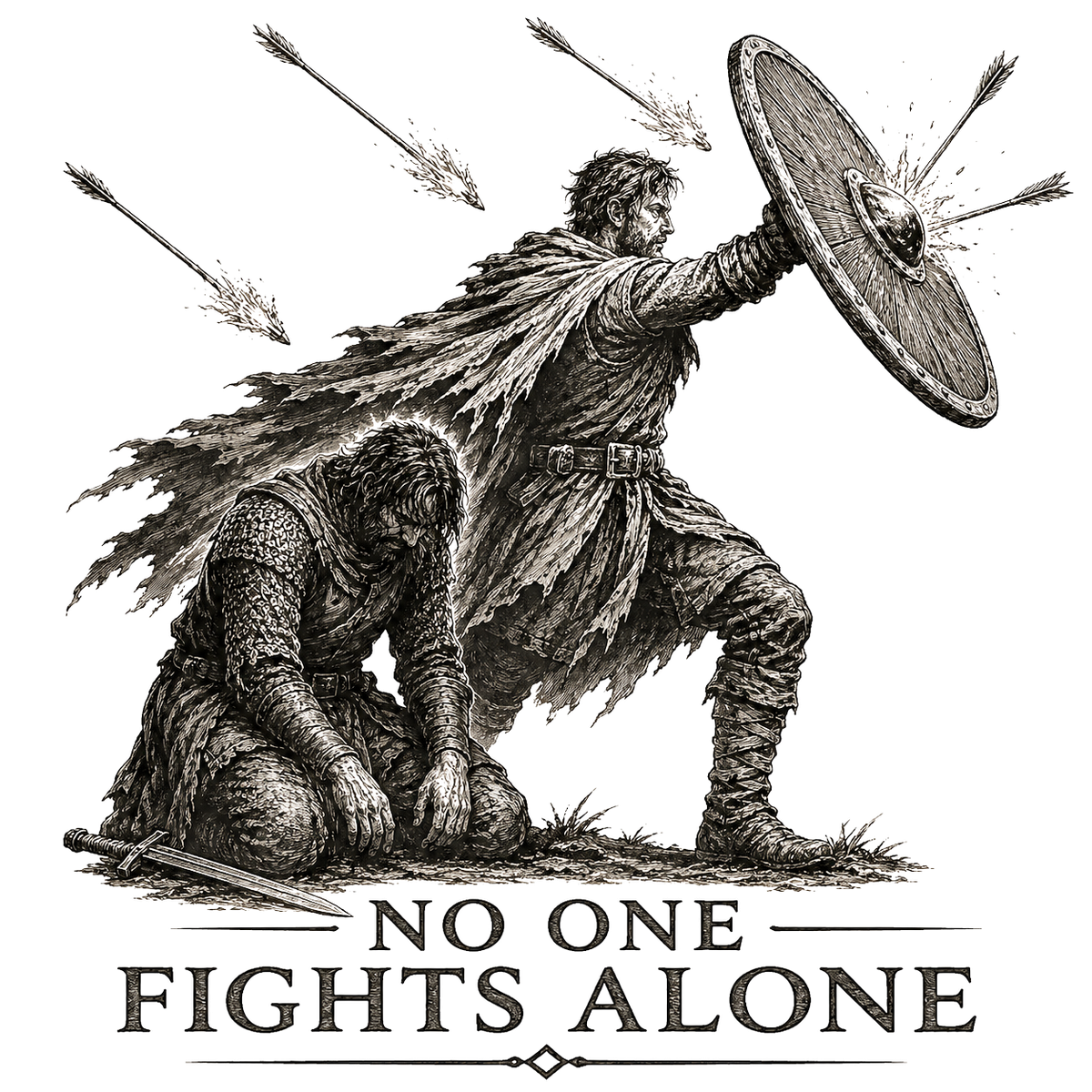 Engraving artwork: No One Fights Alone