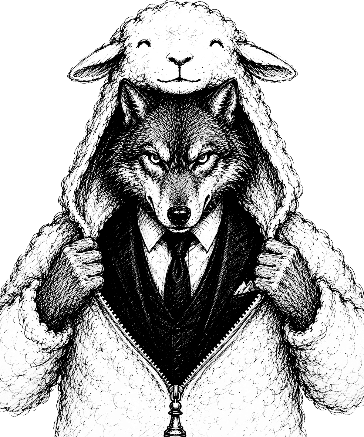 Engraving artwork: Conterfeit Wolf In Sheeps Clothing