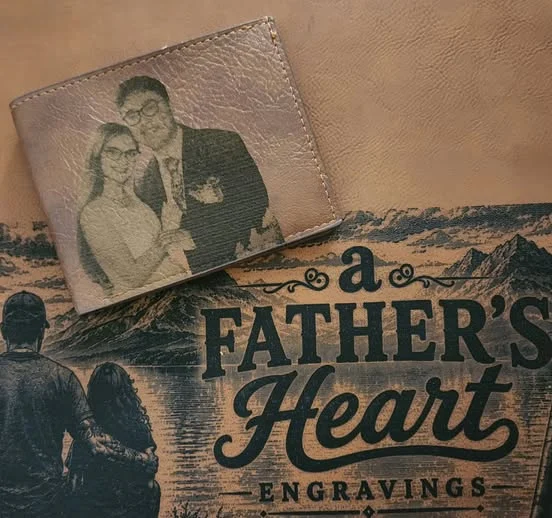A wallet with an engraved image of a couple embracing, resting on a textured background with a mountain landscape and the text "A Father's Heart Engravings".