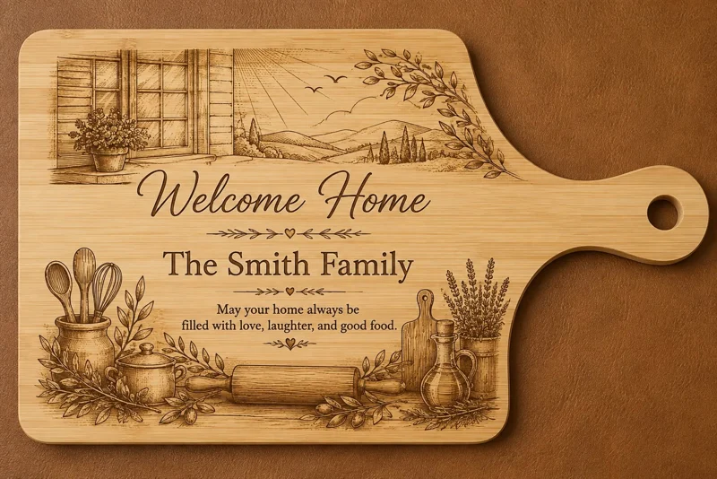 Personalized bamboo cutting board engraved with a detailed two-story home, trees and landscaping above the words “Welcome Home,” “Smith Family,” and a message wishing the home love, laughter, and good food.