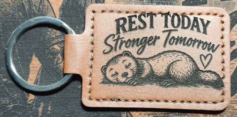 Tan stitched landscape keychain engraved with a sleeping ferret, a small heart, and the words REST TODAY Stronger Tomorrow.