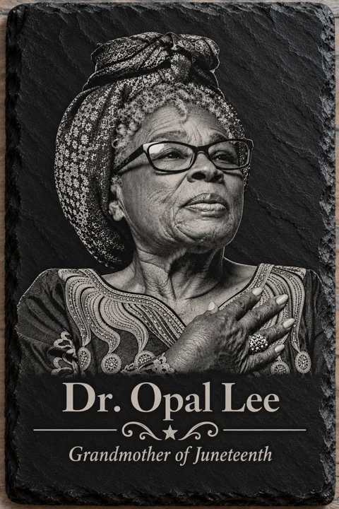 Black slate engraved with a detailed portrait of Dr. Opal Lee, with the words “Dr. Opal Lee — Grandmother of Juneteenth.”