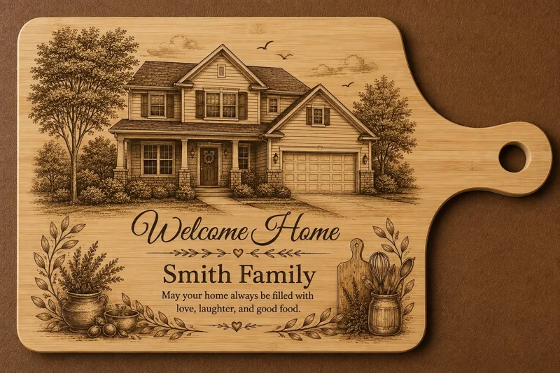 Personalized bamboo cutting board engraved with a detailed two-story home, trees and landscaping above the words “Welcome Home,” “Smith Family,” and a message wishing the home love, laughter, and good food.