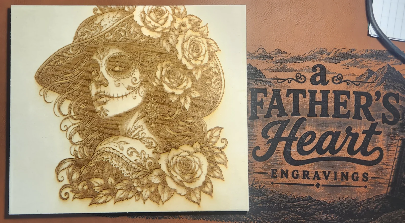 An engraved portrait filled with flowers and intricate detail.