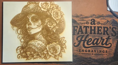 An engraved portrait filled with flowers and intricate detail.