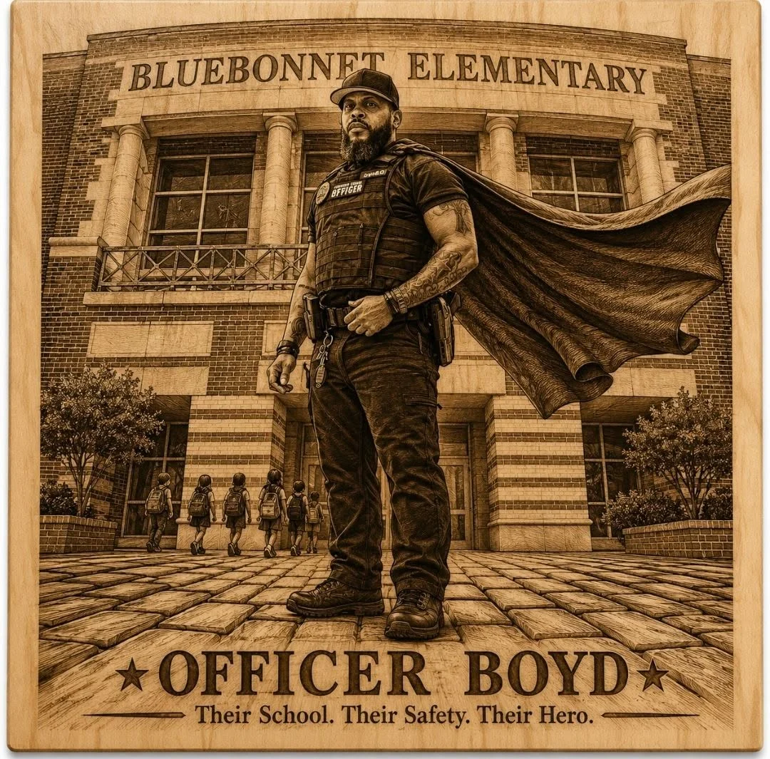 Laser engraving on a 12-by-12-inch square basswood panel depicting Officer Boyd standing confidently in front of Bluebonnet Elementary while children walk toward the school behind him. He wears his school deputy uniform with a large superhero-style cape flowing behind him. Text at the bottom reads, “Officer Boyd — Their School. Their Safety. Their Hero.”