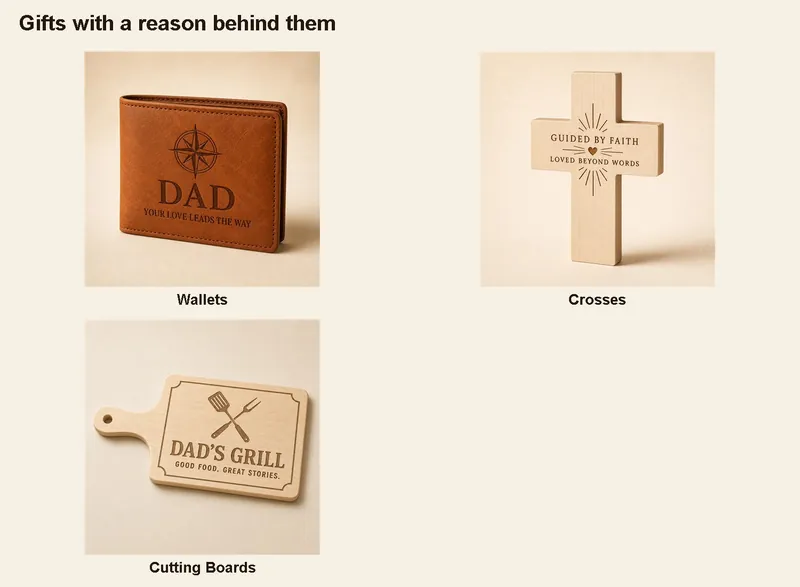 Gifts: Wallets, Crosses, Boards, and Journals